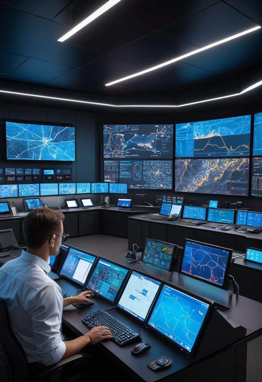 A high-tech control room displaying advanced safety monitoring systems, with a diverse team of professionals analyzing data on large screens. The atmosphere conveys innovation and collaboration, surrounded by digital maps and risk assessment charts. A backdrop of modern architecture symbolizes safety solutions in urban settings. Futuristic interface designs highlight connectivity and advanced technology. super-realistic. vibrant colors. 3D.