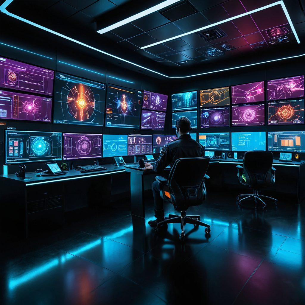 A futuristic control room filled with advanced safety management technology, featuring glowing screens displaying real-time data, a diverse team of professionals analyzing safety protocols, holographic interfaces showcasing cutting-edge innovations, and safety gear in the background. cyberpunk. vibrant colors. 3D.