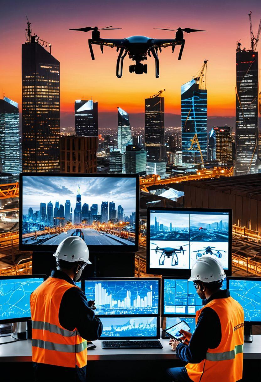 A dynamic collage featuring advanced safety management tools like drones inspecting construction sites, a digital dashboard displaying real-time safety metrics, and workers wearing innovative safety gear. The background showcases a futuristic city with integrated technology ensuring security. Represent a sense of transformation and innovation in safety management. vibrant colors. super-realistic.